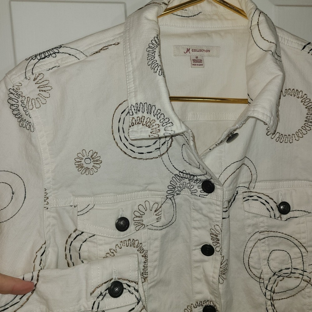 JM COLLECTION SZ 12 WHITE/TRI-COLOR EMBROIDERED COTTON/SPANDEX JEAN  JACKET
